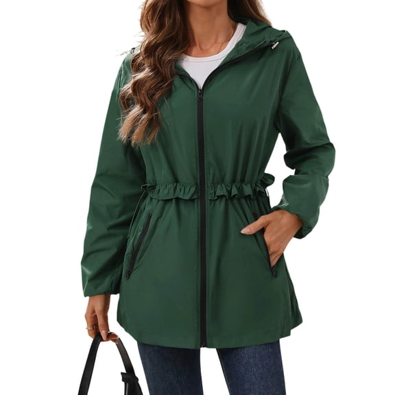 Dvprdro Women Water Resistant Zip Up Hooded Jacket Long Sleeve Ruffle Drawstring Waist Versatile Casual Outerwear with Zipper Side Pockets for Daily Outdoor Spring Autumn Wear