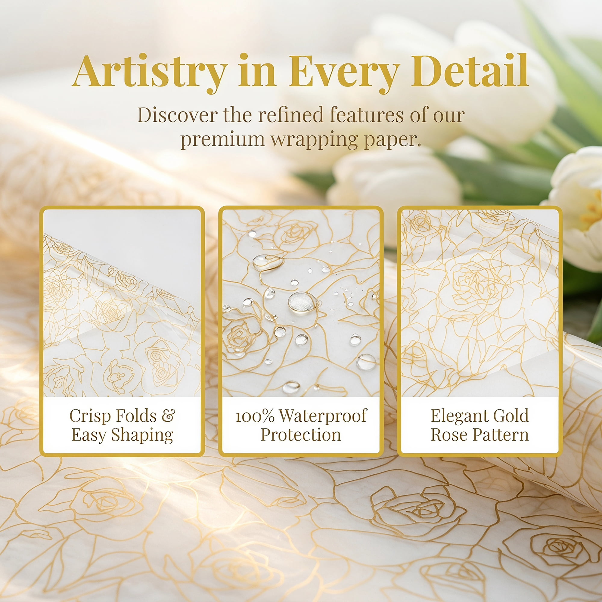 Unique Bargains Gift Wrapping Paper with Rose Pattern for Arrangements Gold 22"x 22"