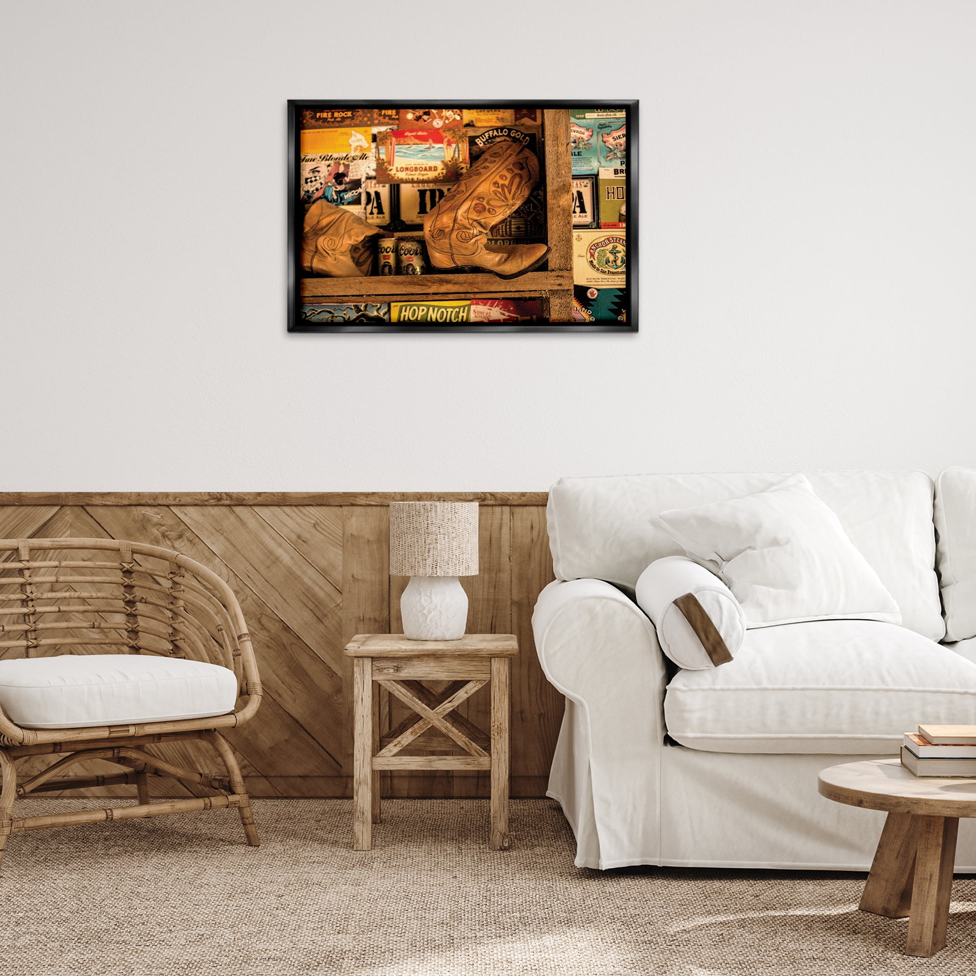 Stupell Industries Western Boots on Shelf Beauty & Fashion Painting Black Floater Framed Art Print Wall Art, 31 x 21