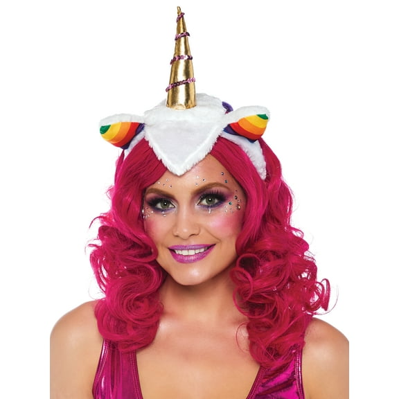 Gold Unicorn Horn Headband with Rainbow Wig Mane