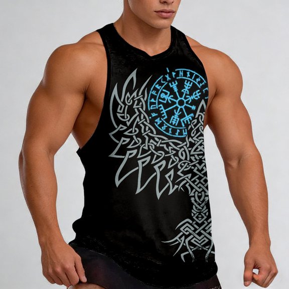 BUWTTED Tank Tops for Men Print Sleeveless Shirt Retro Graphic Muscle Casual Athletic Workout Vest Blue Shirt L