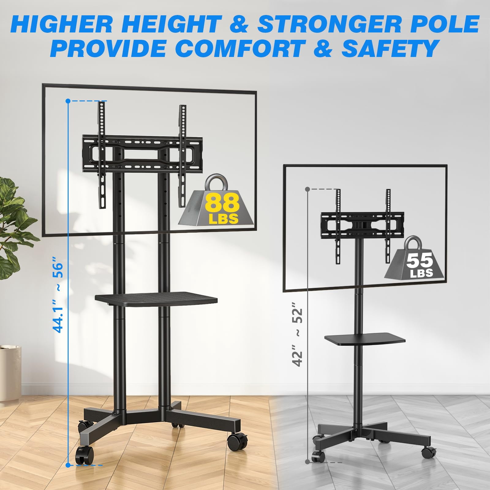 Rolling TV Stand with Laptop Shelf, Mobile TV Stand with Upgraded Wheels for 32-75 Inch TVs, Height Adjustable Mobile TV Cart up to 88lbs, Portable TV Mount Stand for Outdoor, Home, Office