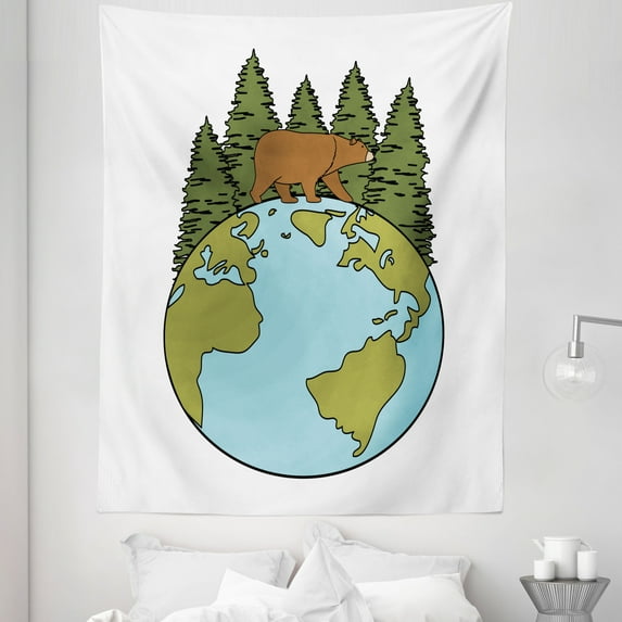 Bears Tapestry, World Natural Life Environmental Change Pine Cone Trees Illustration, Fabric Wall Hanging Decor for Bedroom Living Room Dorm, 5 Sizes, White Pale Blue and Khaki, by Ambesonne