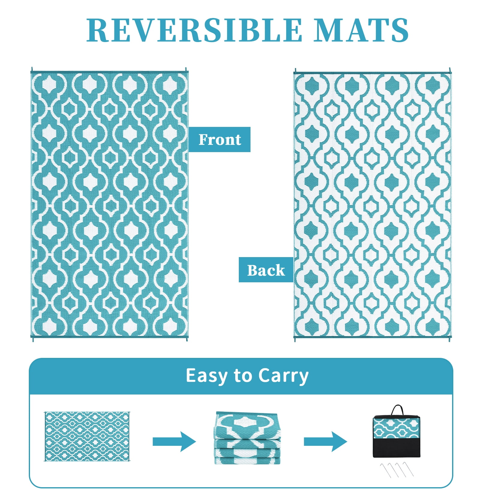 HOMERRY Outdoor Rug Straw Plastic Reversible Waterproof Outside Patio Rug, Blue/White Geometric Floral, 8'x 10'