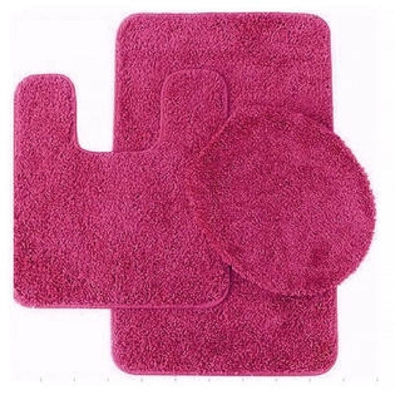 3 Pc HOT PINK Bathroom Set Bath Mat RUG, Contour, and Toilet Lid Cover ...