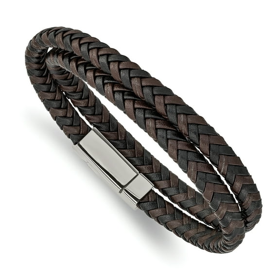 Primal Steel Stainless Steel Polished Brown and Black Leather Braided 15.75 Inch Wrap Bracelet