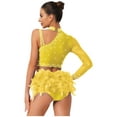 thumbnail image 2 of TiaoBug Ballet Gymnastics Leotards for Women Sparkly One Shoulder Crop Top Feather Briefs Set for Latin Jazz Dance Yellow L, 2 of 7