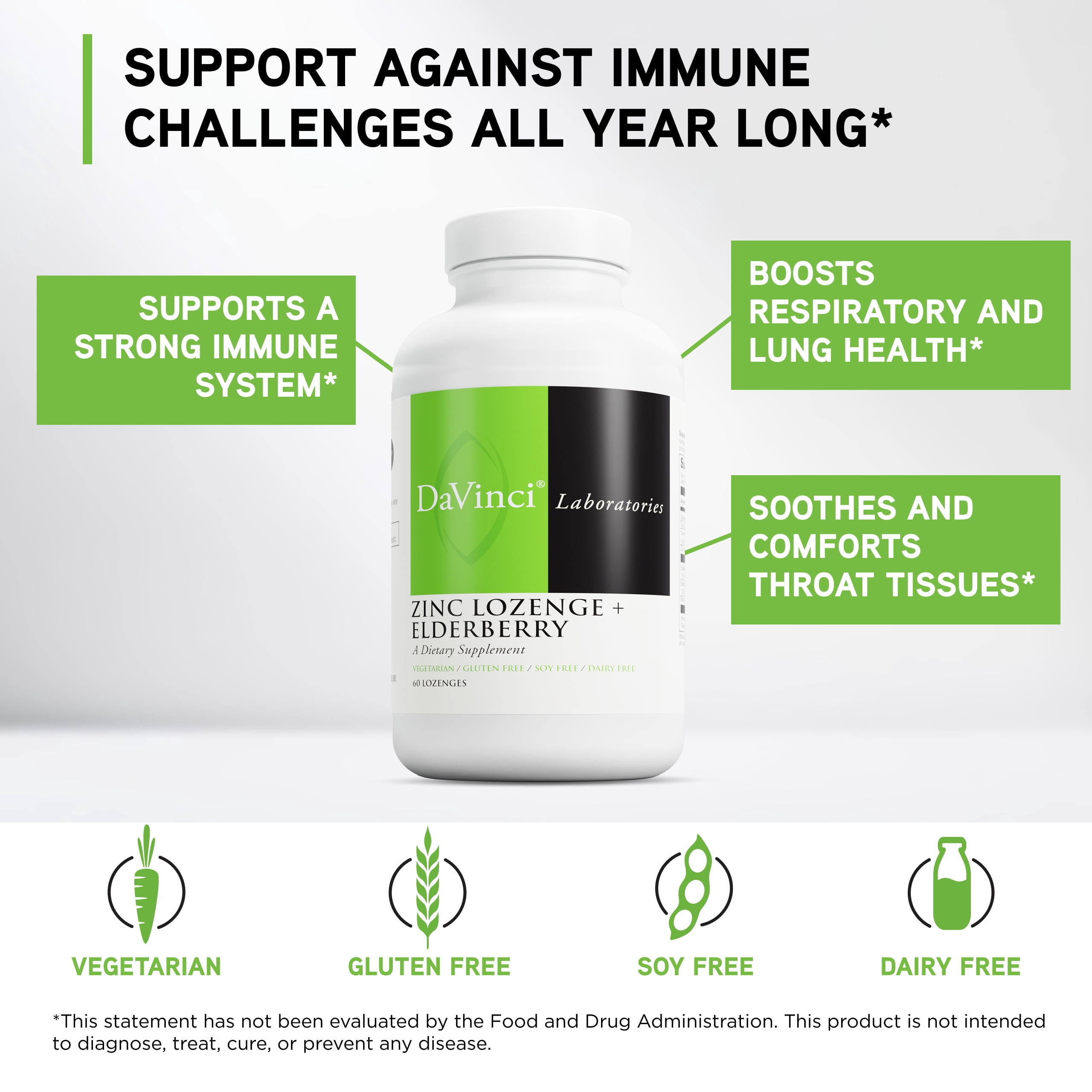 DaVinci Labs Zinc Lozenge + Elderberry - Support Immune System* - Lemon Flavor - 60 Lozenges