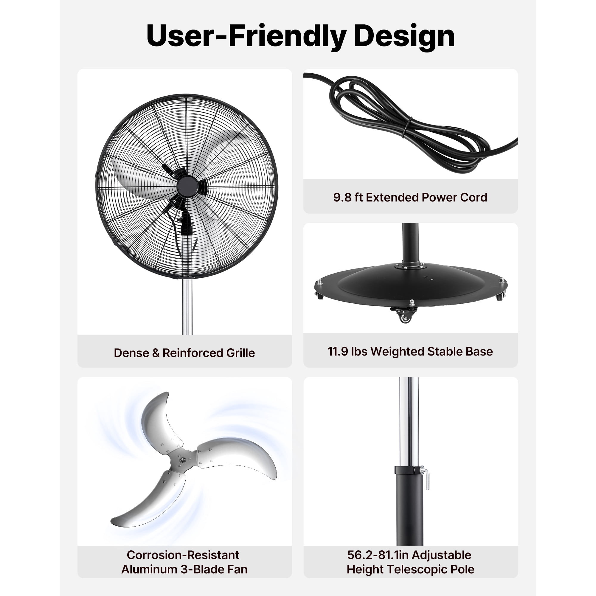 KFFKFF 30-Inch High Velocity Pedestal Fan, 9100 CFM Industrial Floor Fan with 85° Oscillation, Adjustable 3-Speed Settings and Height, IP44 Waterproof, Durable Carbon Steel Construction Black
