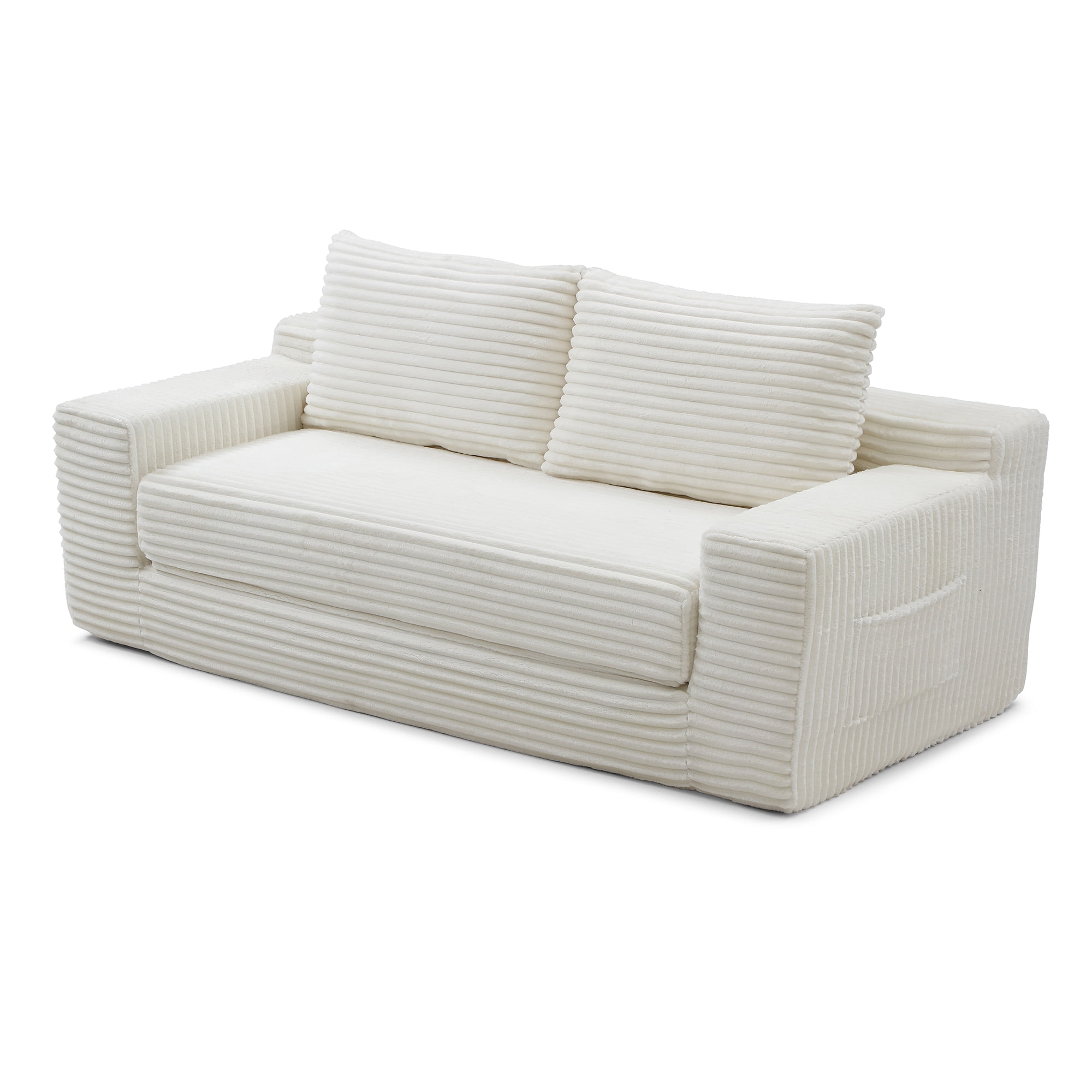 Memory Foam Cloud Loveseat Sofa, 2 in 1 Convertible Folding Couch Bed with Pull-Out Sleeper, No Assembly Compressed Corduroy Floor Lounge Sofa for Apartment, Office, Bedroom, Living Room, Beige