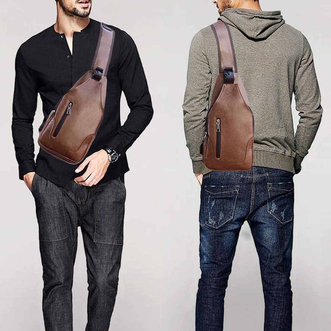 Men Sling Bag Anti Theft Shoulder Bag Small Leather Crossbody Sling Backpack with USB Charge Port