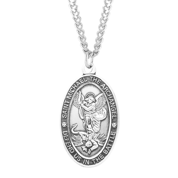 Sterling Silver Saint Michael Oval Medal Necklace, Archangel Defeating Devil, Patron Saint of Police, 24" Rhodium Plated Stainless Steel Chain, Made in USA- Deluxe Velvet Gift Box Included