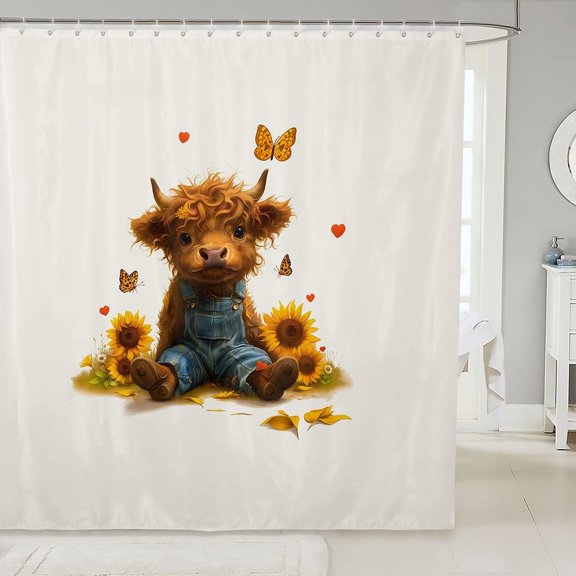 Highland Cow Shower Curtain Cute Calf with Sunflowers and Butterflies Farmhouse Bathroom Decor Fabric Waterproof 71x71 inches