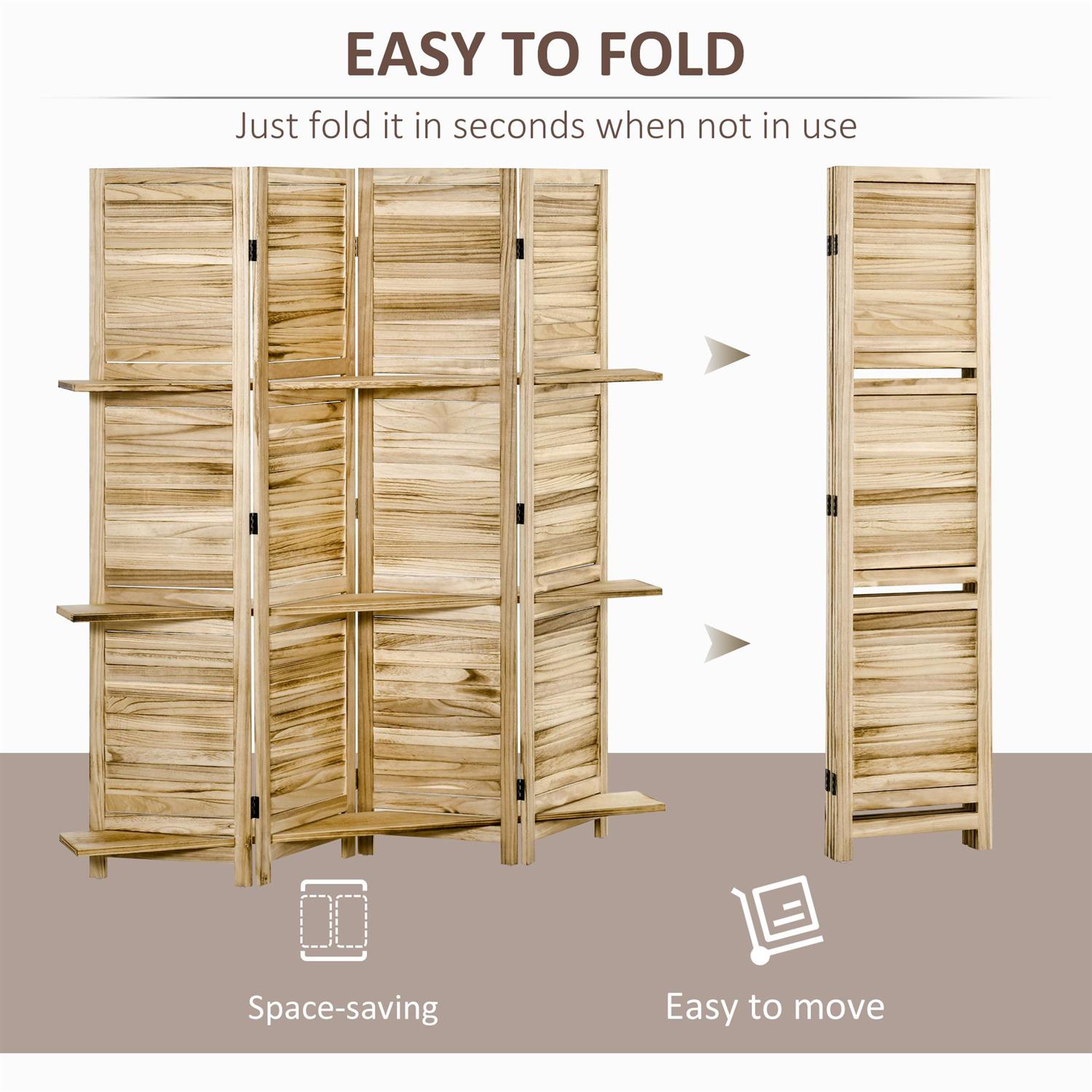 Demi Bonn 67" Tall Wood Privacy Screen Room Divider with 4 Panels, 3 Shelves, Folding Storage for Bedrooms, Beige