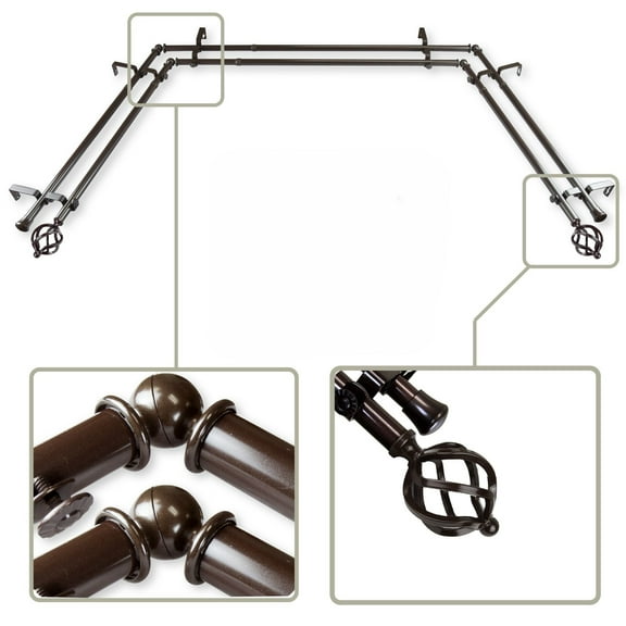 Adjustable Double Bay Window Curtain Rod - 151" - Brown
