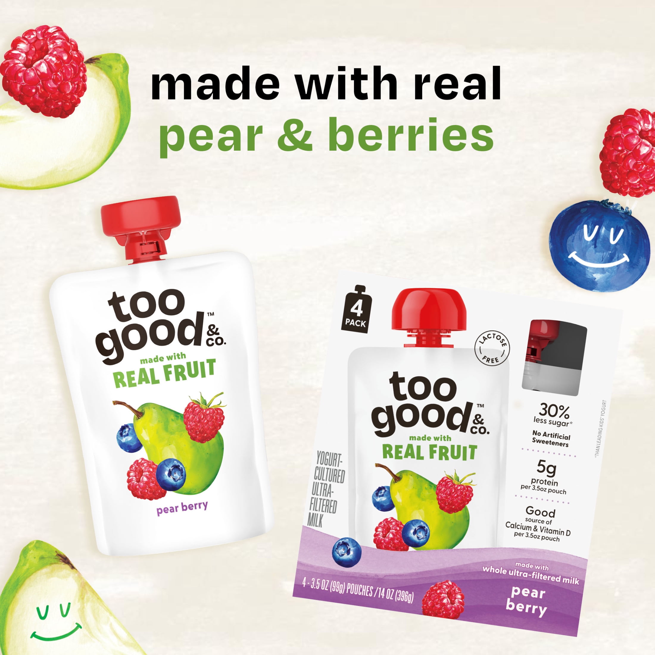 Too Good & Co. Pear Berry Yogurt-Cultured Ultra-Filtered Milk Pouches, Kids Snacks, 3.5 oz, 4 Count​