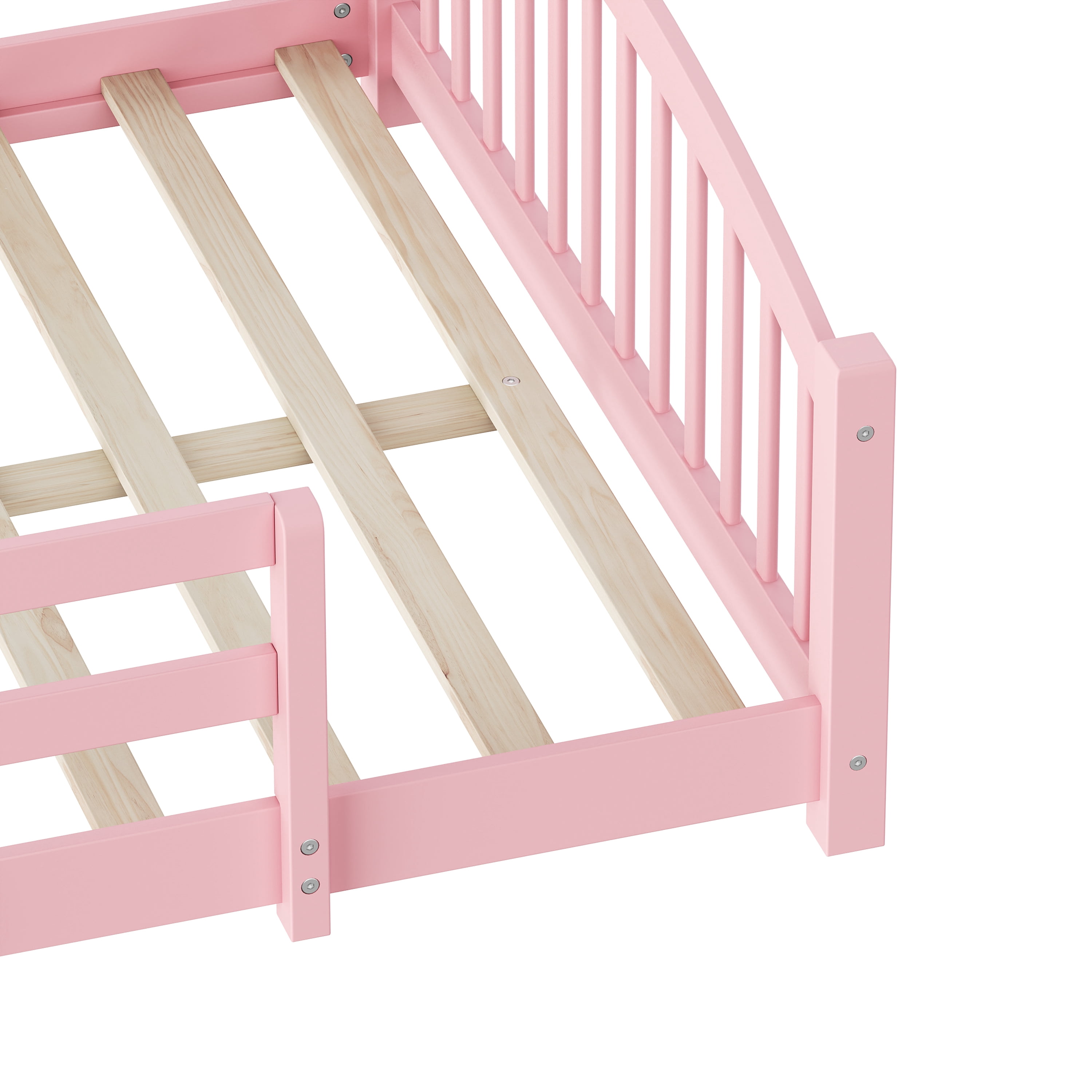Euroco Wood Full Size Platform Bed, Montessori Floor Bed with Safety Guardrails, Pink