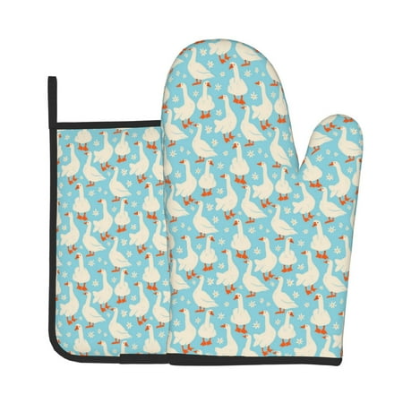 

Jgfou White Geese and Flower Pattern Oven Mitts and Pot Holders Sets Heat Resistant Oven Mittens Soft Lining Extra Thicken Long Kitchen Cotton Oven Glove for Cooking
