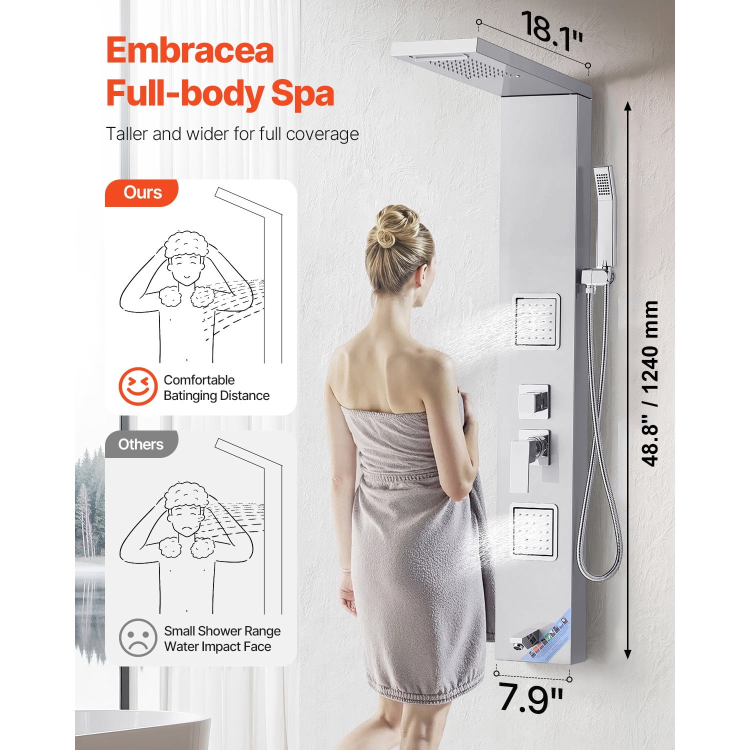 VEVOR Shower Panel Tower System with Rainfall Waterfall Shower Head, 53 in Brushed Stainless Steel Shower Column, 5-Function Faucet, Wall-Mount Rain Massage System with 2 Body Jet,Handheld,Tub Spout