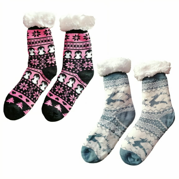 TELOLY 2Pairs Fuzzy Socks for Women,Triple Heat Storage Slipper Socks for Women,Warmth in Cold Long Socks for Women,Combination1