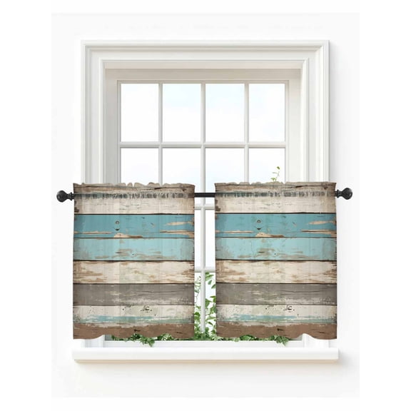 Farmhouse Blue Grey Brown Tier Curtains 36 Inch Length, Sheer Curtains for Bedroom Living Room Window Vintage Ombre Wooden Rod Pocket Drapes Kitchen Curtains Small Half Window 27.5"x36" 2 Panels