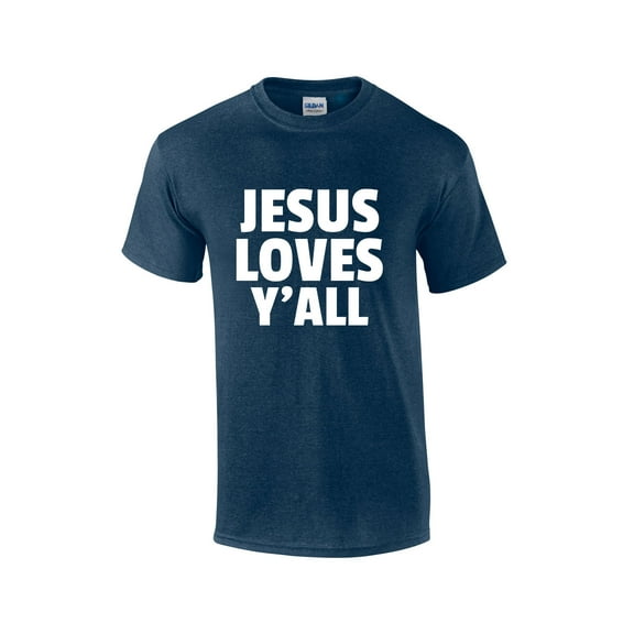 Jesus Loves Y'all Mens Christian Short Sleeve T-Shirt Graphic Tee-Heather Navy-5xl