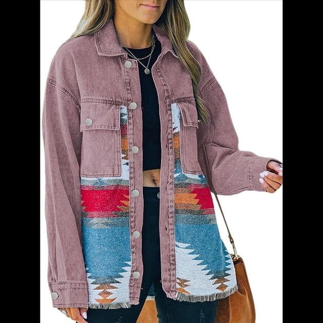 Chaqueta Vaquera de Larga con Solapa Holgada y Parches para Mujer, Estilo Retro con Borde Sin Rematar, de Medio. Rojo Ladrillo S