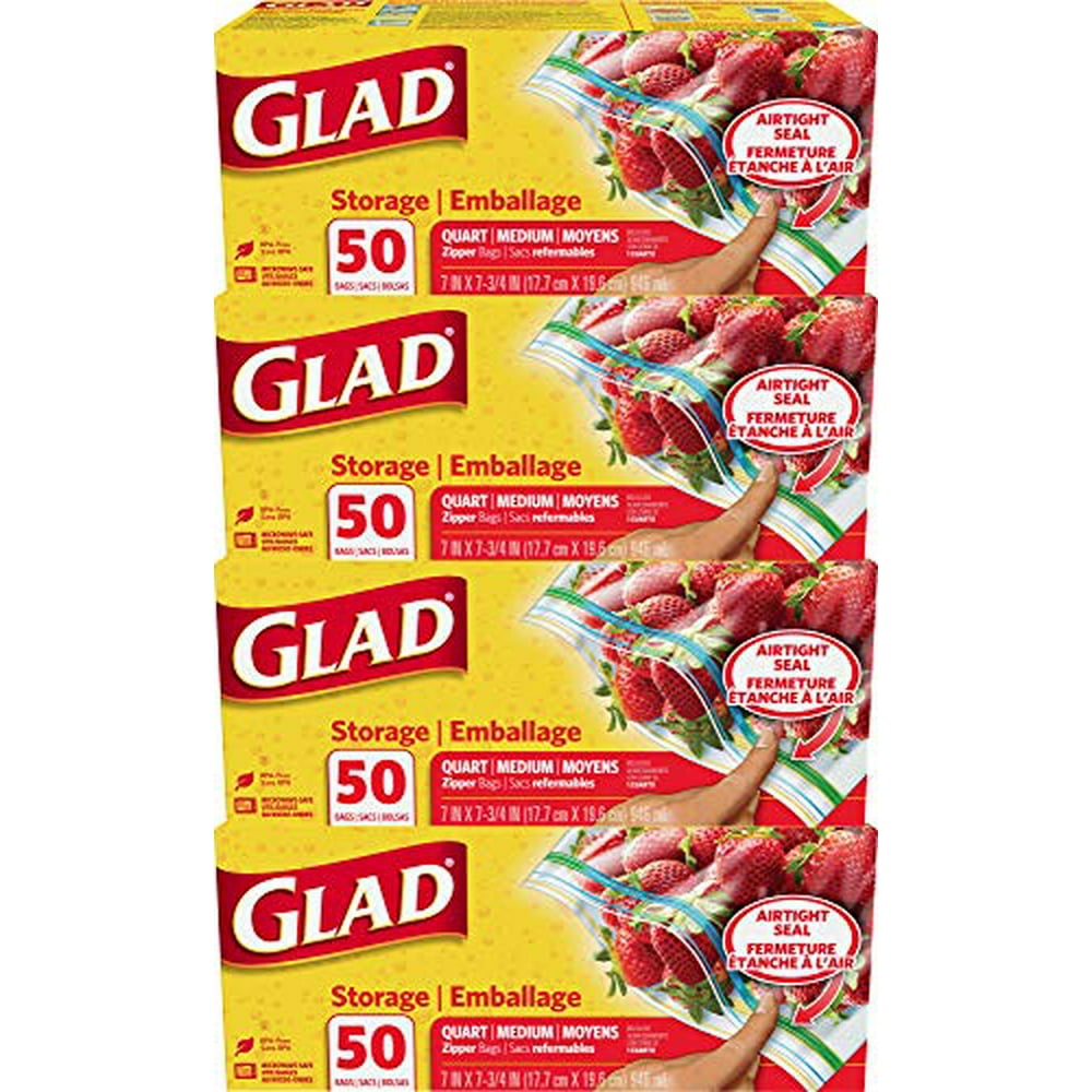 Glad Zipper Food Storage Plastic Bags Quart 50 Count 4 Pack
