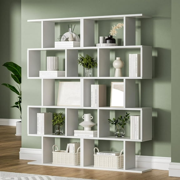 DIYART White 5-Tier Geometric Bookcase, S-Shaped Modern Bookshelf set of 2