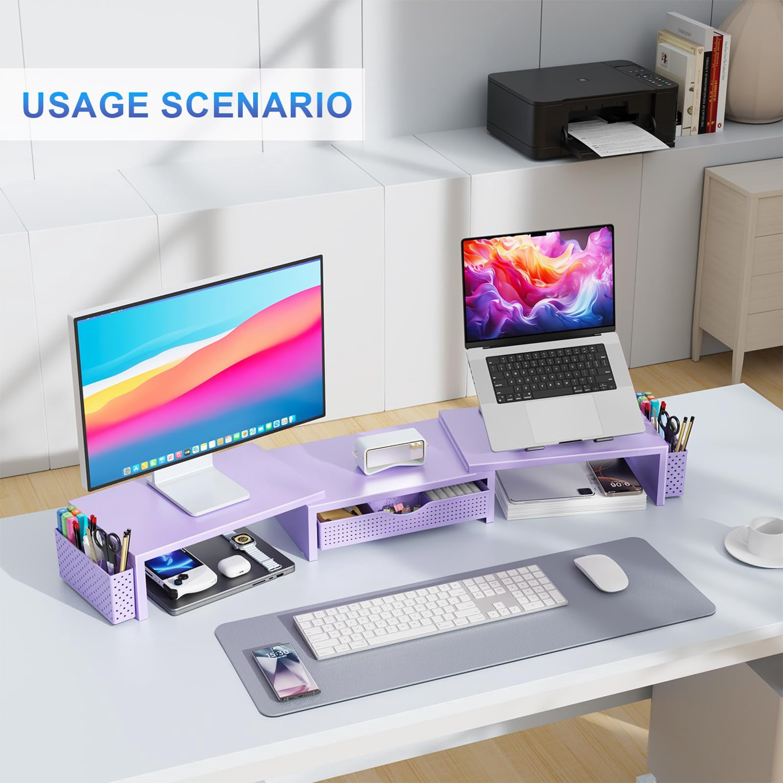 Dual Monitor Stand Riser  Desk Organizer With Drawer And 2 Pen Holders Organizers Accessories Purple Office Decor (purple)