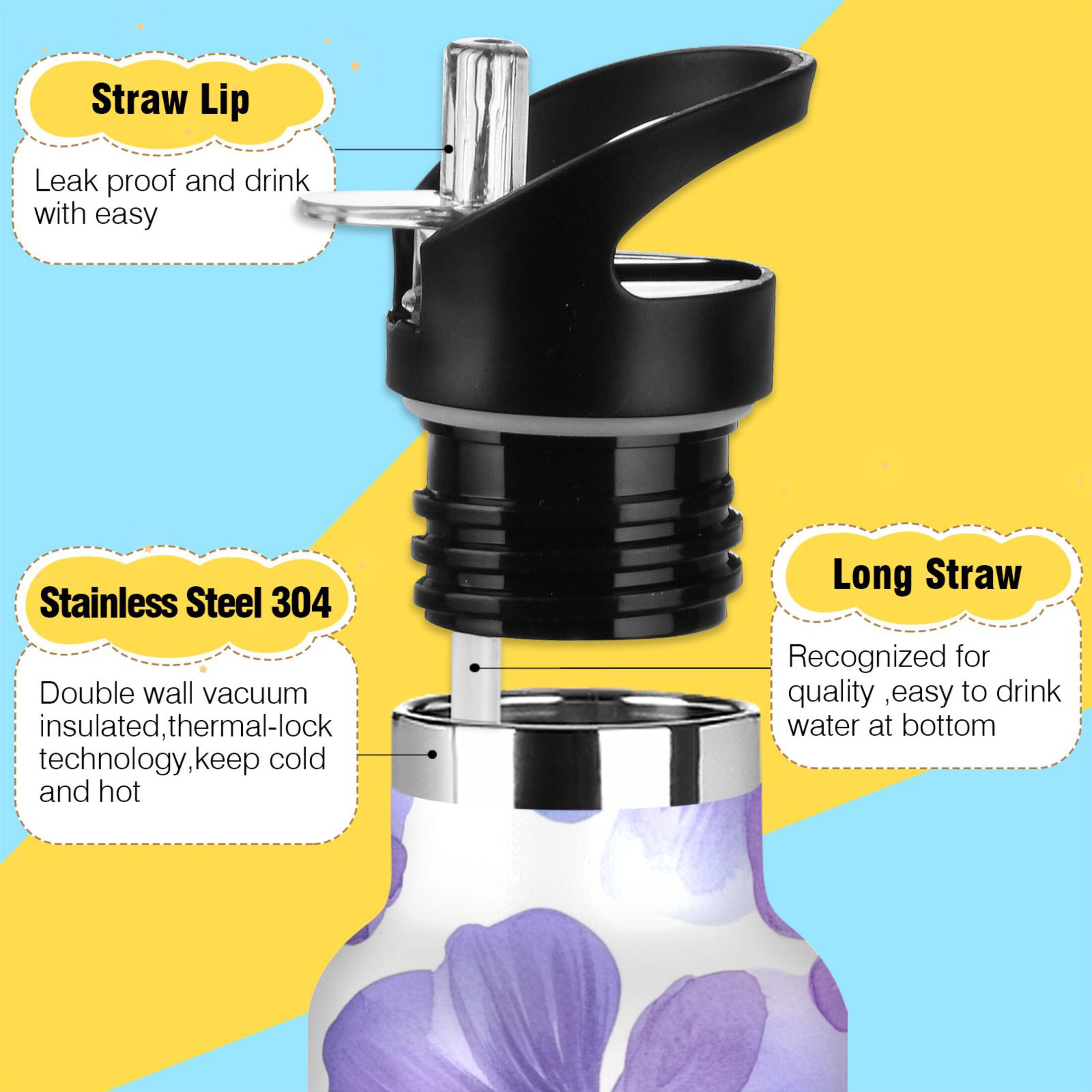 600ML Stainless Steel Insulated Cup Sports Water Bottle Portable Thermos Cup Water Glasses Insulated Tumblers Convenient and Durable Cartoon Lavender Flowers