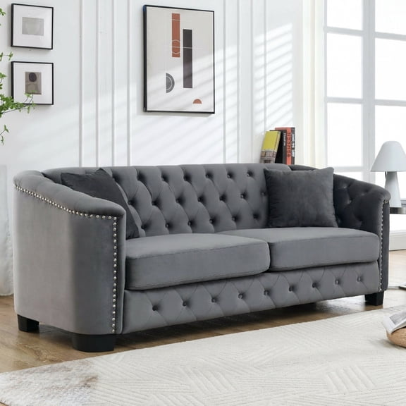 Sailvan 77" Modern Chesterfield Velvet Sofa, 3-Seater Tufted Upholstered Couch with Nailhead Trim & 2 Pillows for Living Room, Office Grey