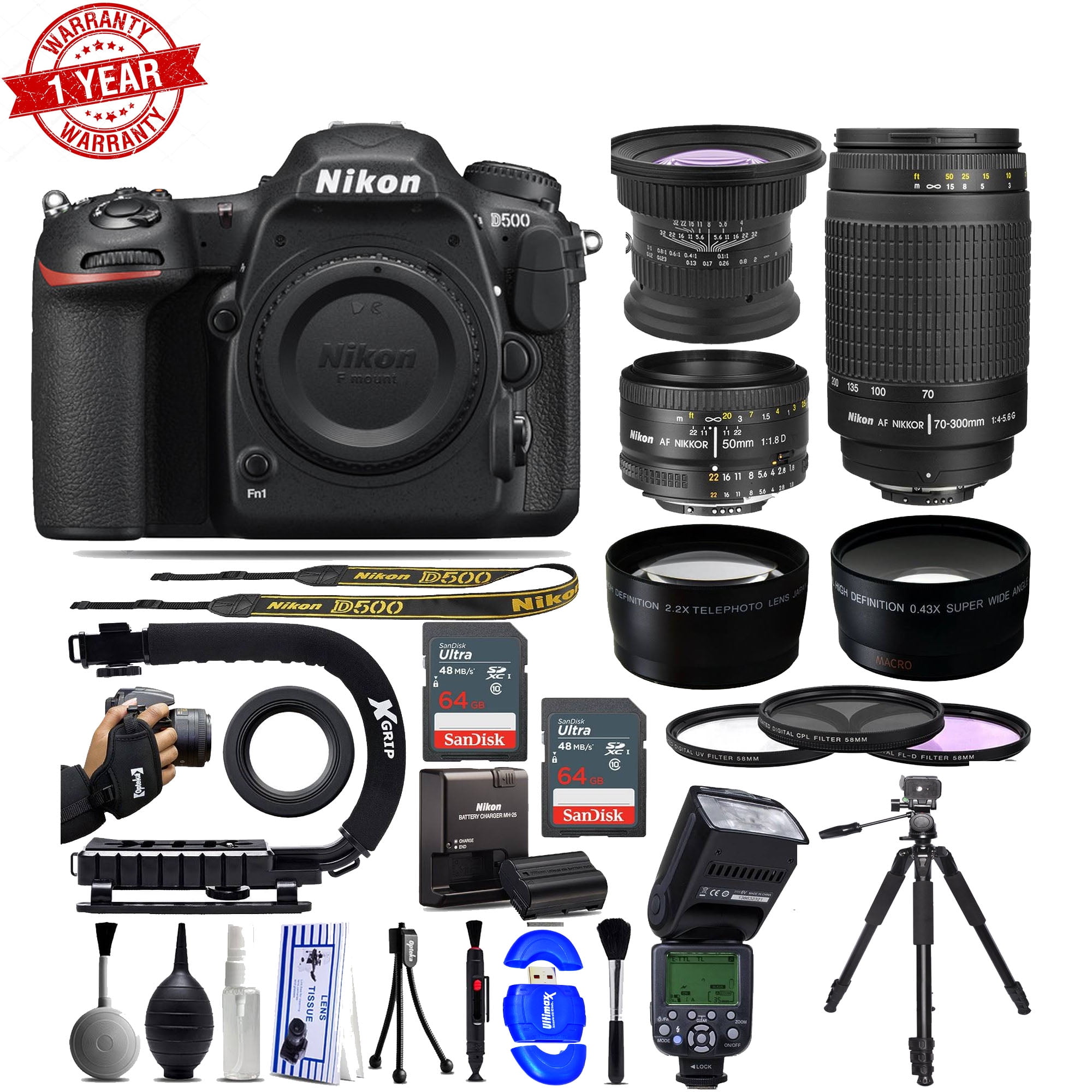 Nikon D500 DSLR Camera with 15mm Nikon 50mm f/1.8D Nikon 70300mm G 128GB AF Flash