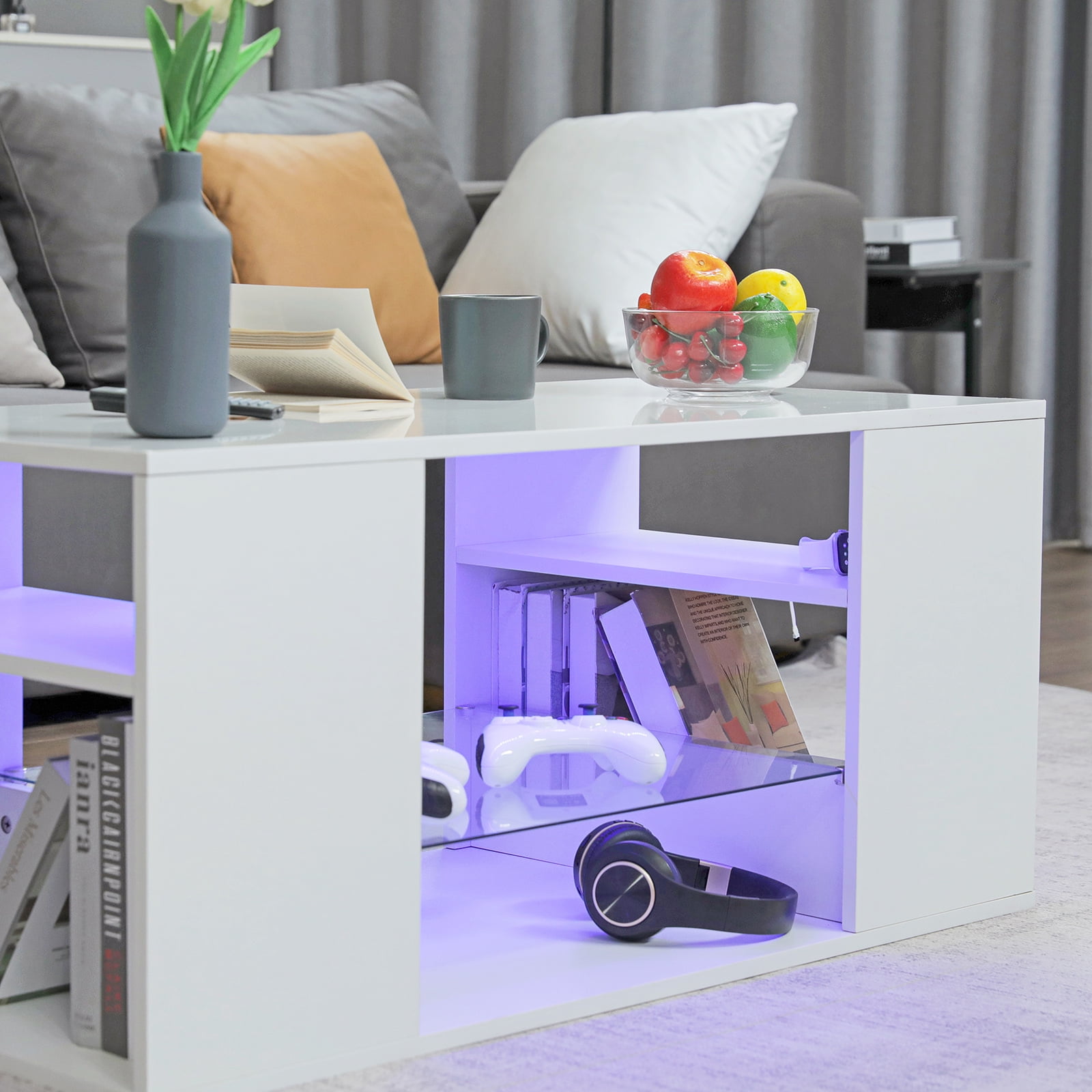 Hommpa White Coffee Table LED Coffee Table with Storage Modern Living Room Table Glass Open Shelves Rectangle Cocktail Center Tables High Gloss