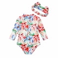 thumbnail image 4 of Odeerbi Toddler Girls Long Sleeve Rash Guard UV Protection One Piece Swimsuits Quick Dry Zipper Surfing Bathing Suit Baby Children's Printed Swimwear with Headband Blue, 4 of 9