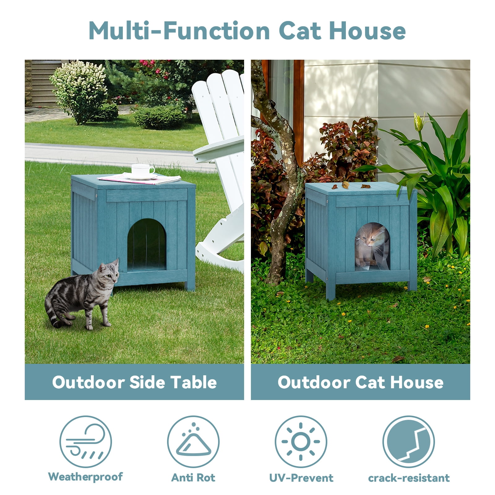 GONICHA Insulated Cat House, Weatherproof Poly Lumber Outdoor Cat House, Moisture-Proof Elevated Cat Shelter with Side Table Function, Openable Roof to Easy Cleaning Cat Houses for Outdoor Cats-Blue