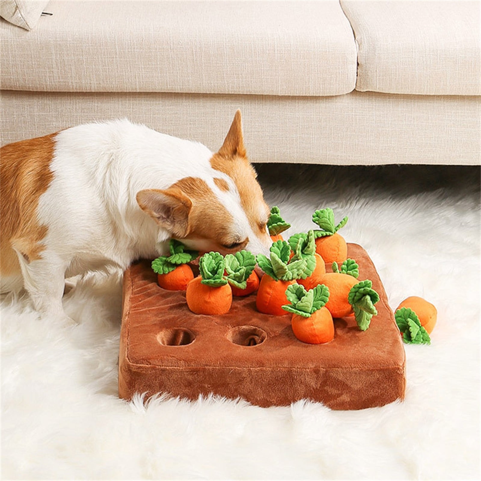 Dog Puzzle Toys Pull Carrot Toys,Interactive Mat with 9 Carrots for IQ Training,Boredom Relief Hide and Seek Plush Squeaky Toys for Puppies，As Shown