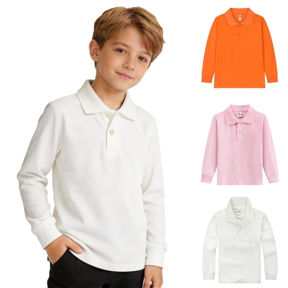 XINXIAOO Polo Shirts Boys Girls Long Sleeve Beige Button up Shirts Classic School Uniform Casual Collared Shirt Kids Clothes Size 10-11 Years
