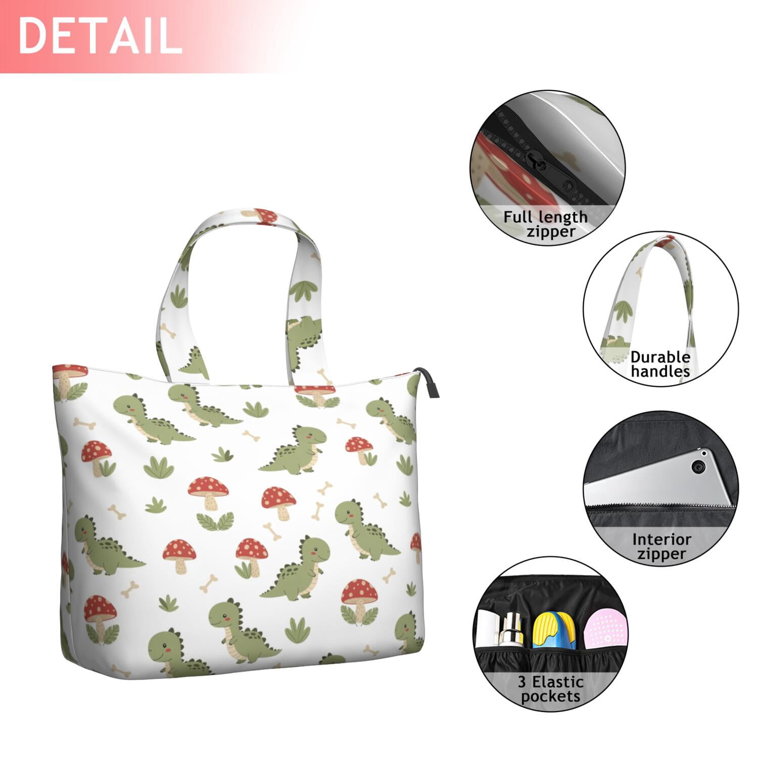 White Cartoon Dinosaurs Mushrooms Pattern Travel Tote Bags for Women Carry On,Large Weekender Bags for Women Travel,Multi Functional Duffle Bag for Work,Shopping,Sports