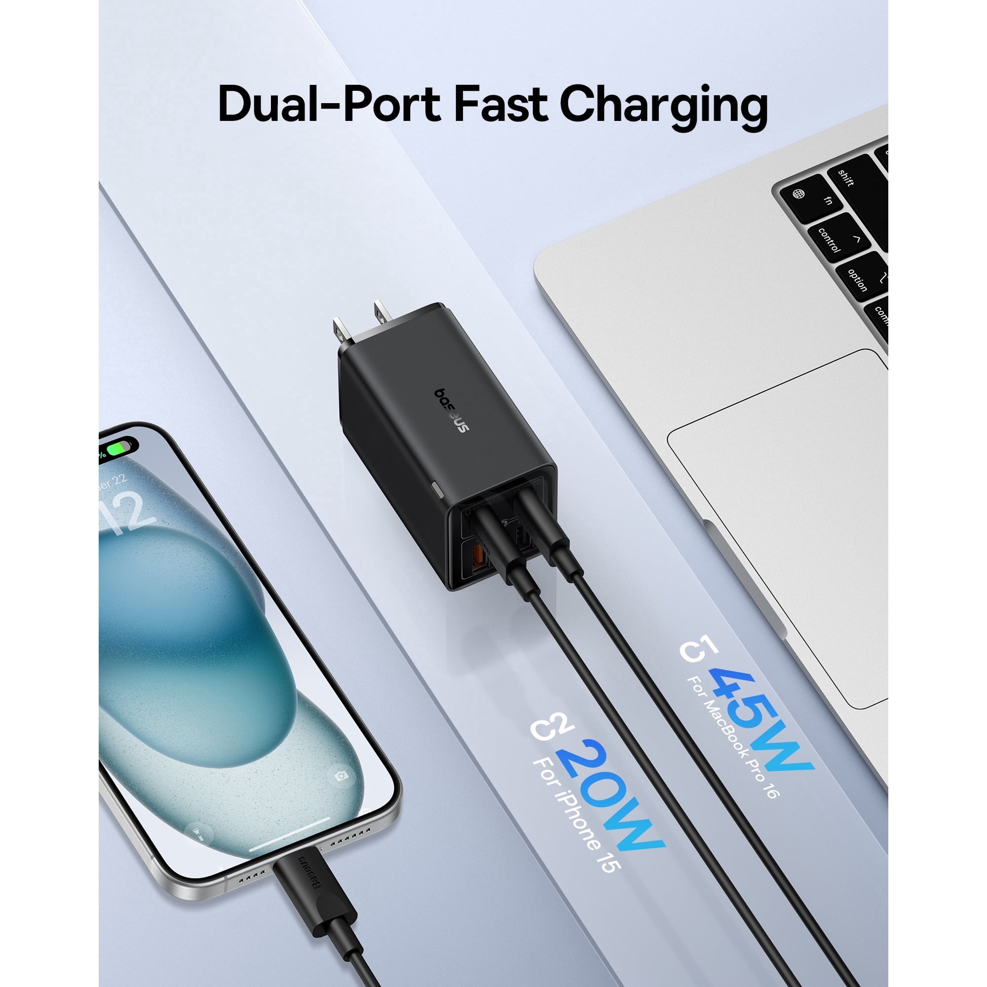 Baseus USB Charger, 65W Wall Charger with USB C Cable, Fast Charging 4-Port, Black