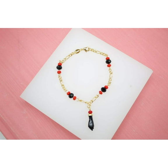 18K Gold Filled Azabache 3mm Figaro Chain Bracelet With Protection Charm (I404)