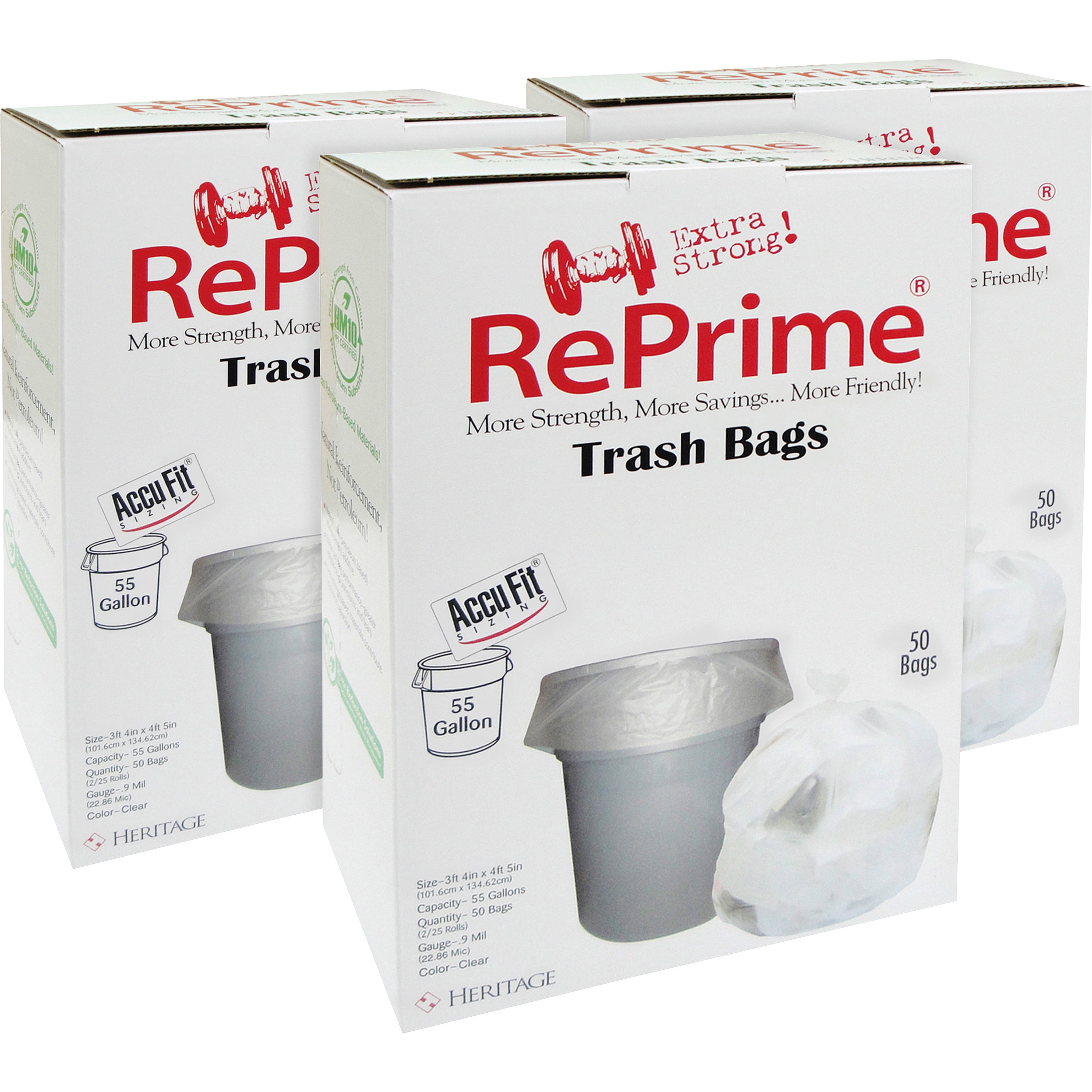 Heritage, HERH8053TCRC1CT, Accufit RePrime Can Liners, 150 / Carton, Clear, 55 gal