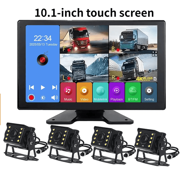 10.1 Inch Touch Screen 4 Ch Split Screen Car MP5 DVR Monitor with BT FM 170°AHD 1080P Camera Can Swivel for RV/Truck/Bus/Trailer
