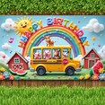 thumbnail image 4 of Colorful Design Happy Birthday Banner Farm Animals Rainbow Theme School Bus for Kid's Party Photo Shoot, 4 of 6