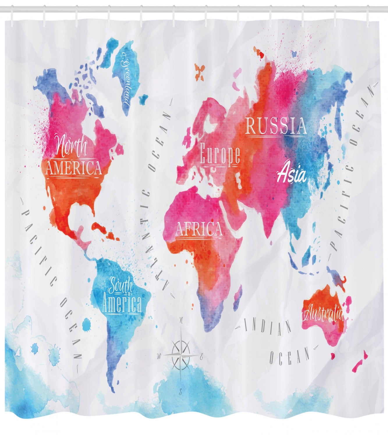 Geography Shower Curtain, Watercolored World Map Continent and Ocean