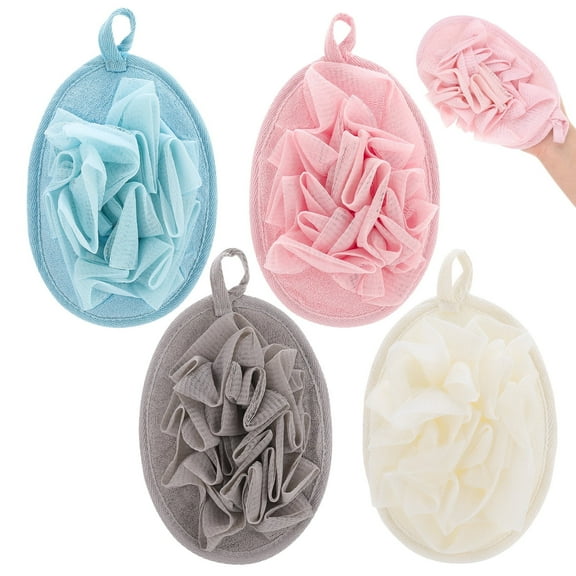 Abaima 4 Pack Dual-Sided Loofah Sponge Body Scrubber, Terry Cloth Exfoliating SPA Wash Scrubber with Hanging Rope, Oval Flat Bath Accessories for Women and Men, Blue, Pink, Beige, Gray