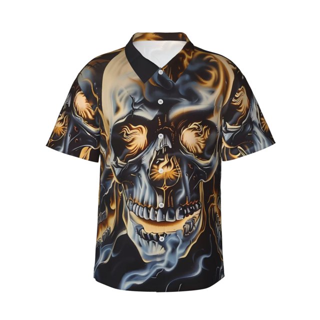Balery Fiery Skull Trio Camisas hawaianas de manga corta para hombre, camisas playeras de corte holgado, camisas de vacaciones con botones,X-Large