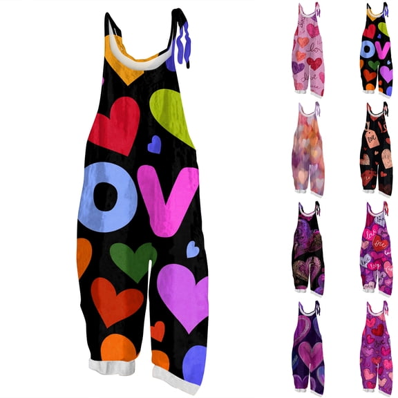 Youpwaven Women's Valentine's Day Vintage Heart Cotton Linen Overalls - Loose Fit Bib Jumpsuit with Pockets, Lightweight Casual Outfits for Spring Picnics