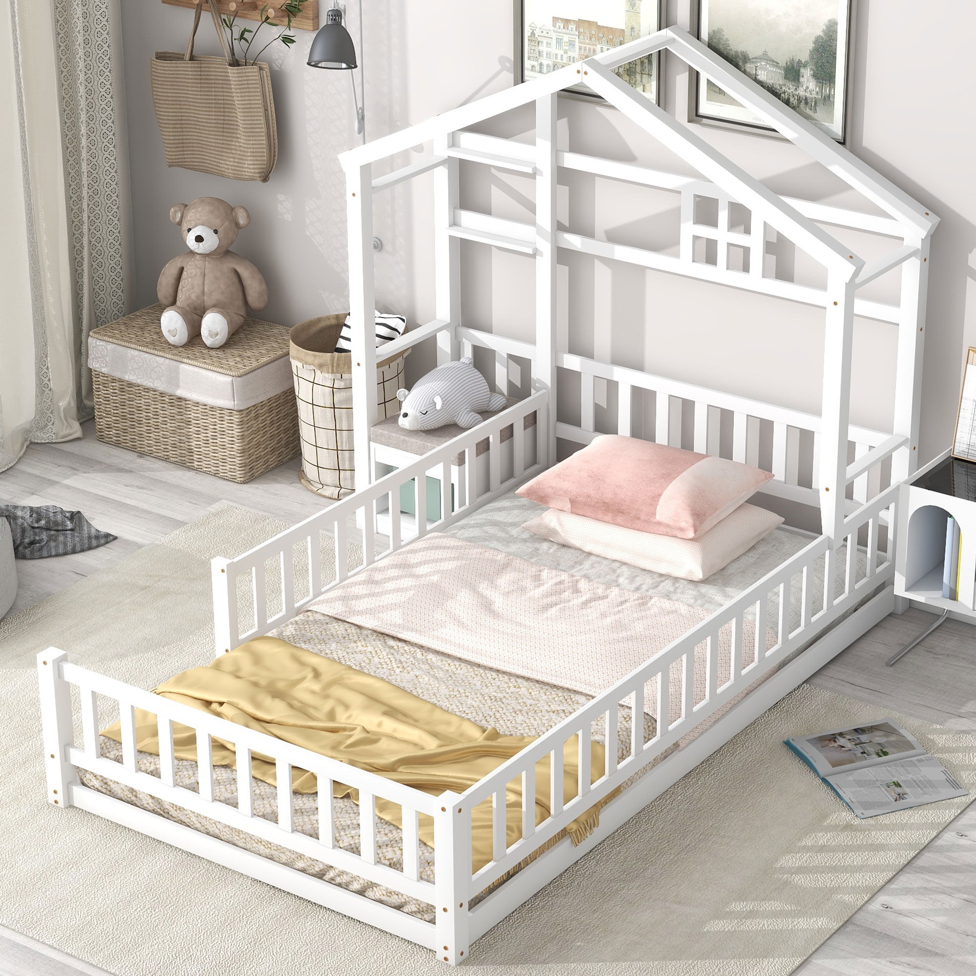 Euroco Wood Twin Size Platform Bed with House Shelf and Cushion Chair for Kids, White