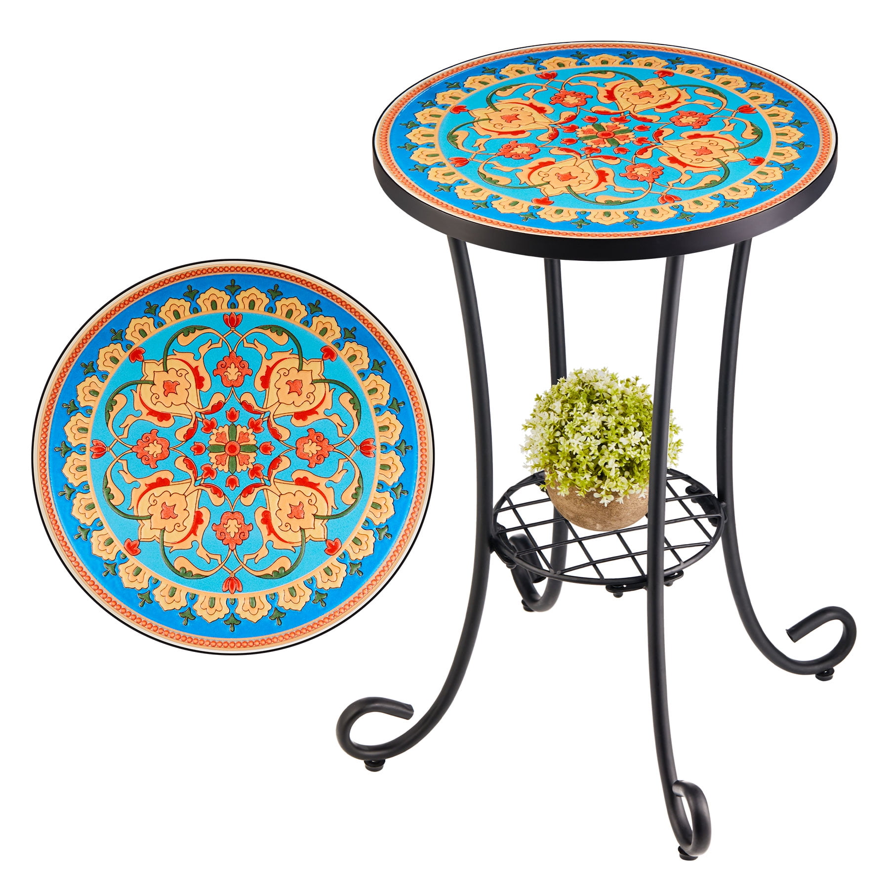 Bestco Ceramic Tile End Table 14in Side Table Metal Plant Stand Display